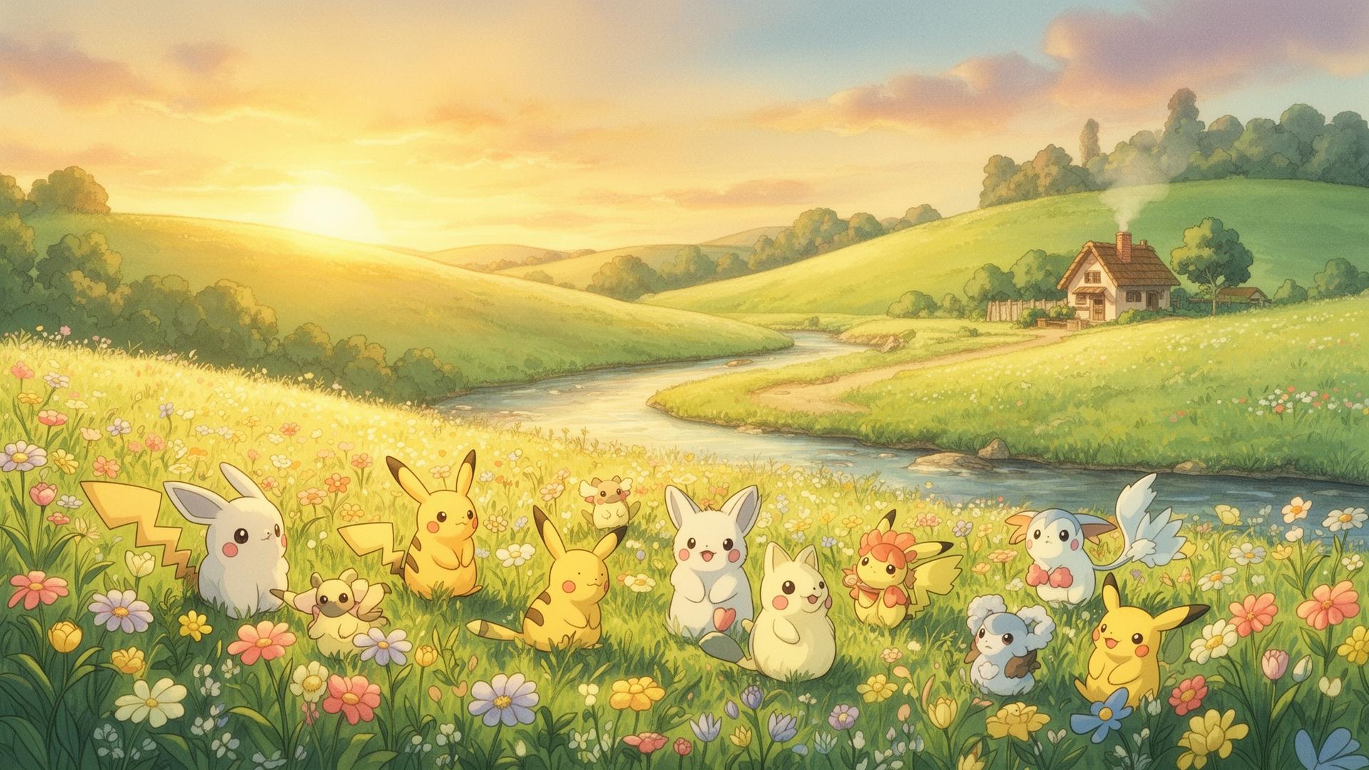 Grüne Pokopia-Landschaft mit Bergen und blauem Himmel