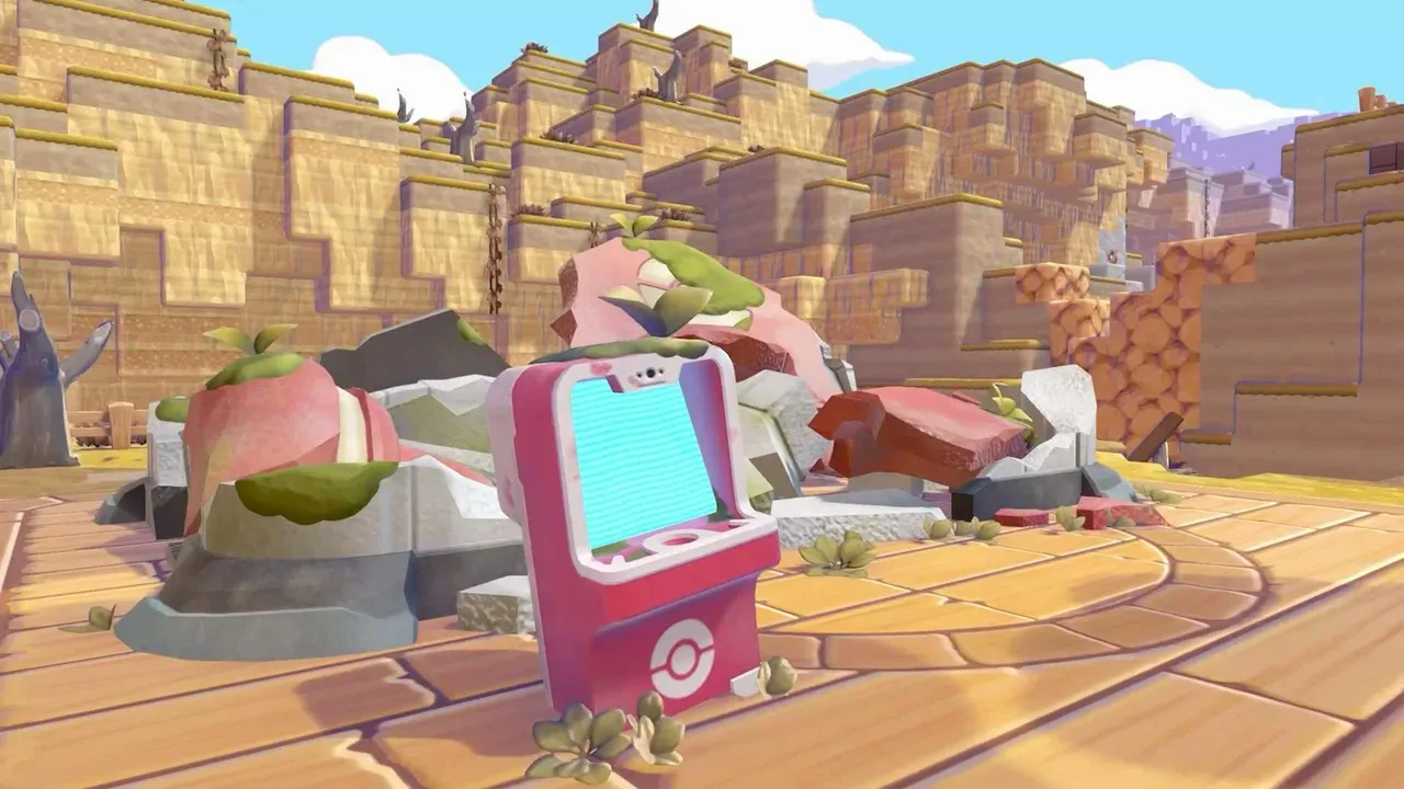 Der pinke PC vor den Ruinen eines Pokémon-Centers - offizielles Spielbild von Nintendo